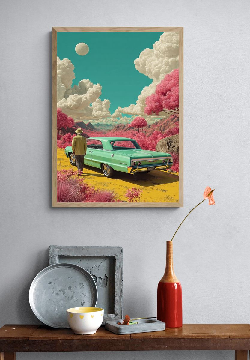 Retro Desert Car Illustration Poster. — room view 3