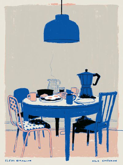 Blue Dining Table Illustration Poster. poster print