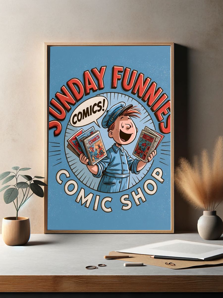 Sunday Funnies Comic Shop Poster. — room view 2