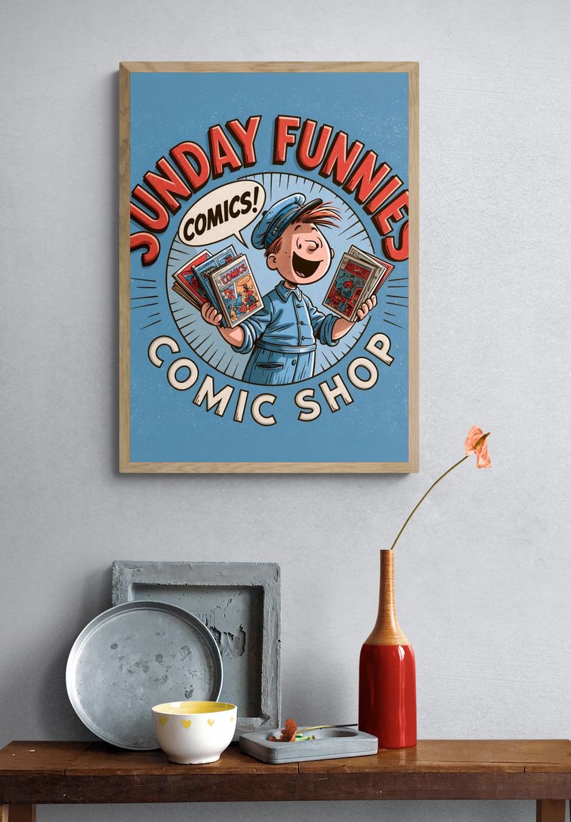 Sunday Funnies Comic Shop Poster. — room view 3