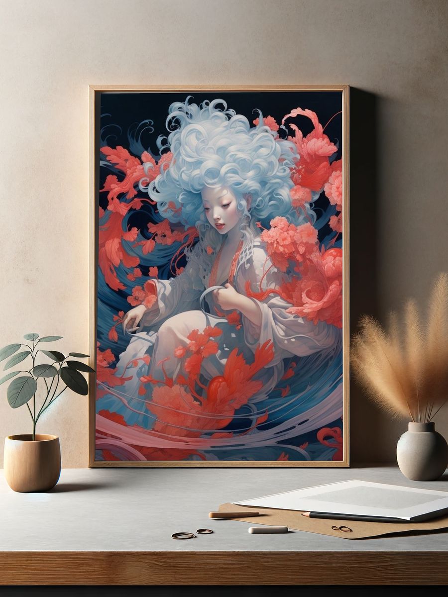 Dreamy Floral Portrait Illustration Poster. — room view 2
