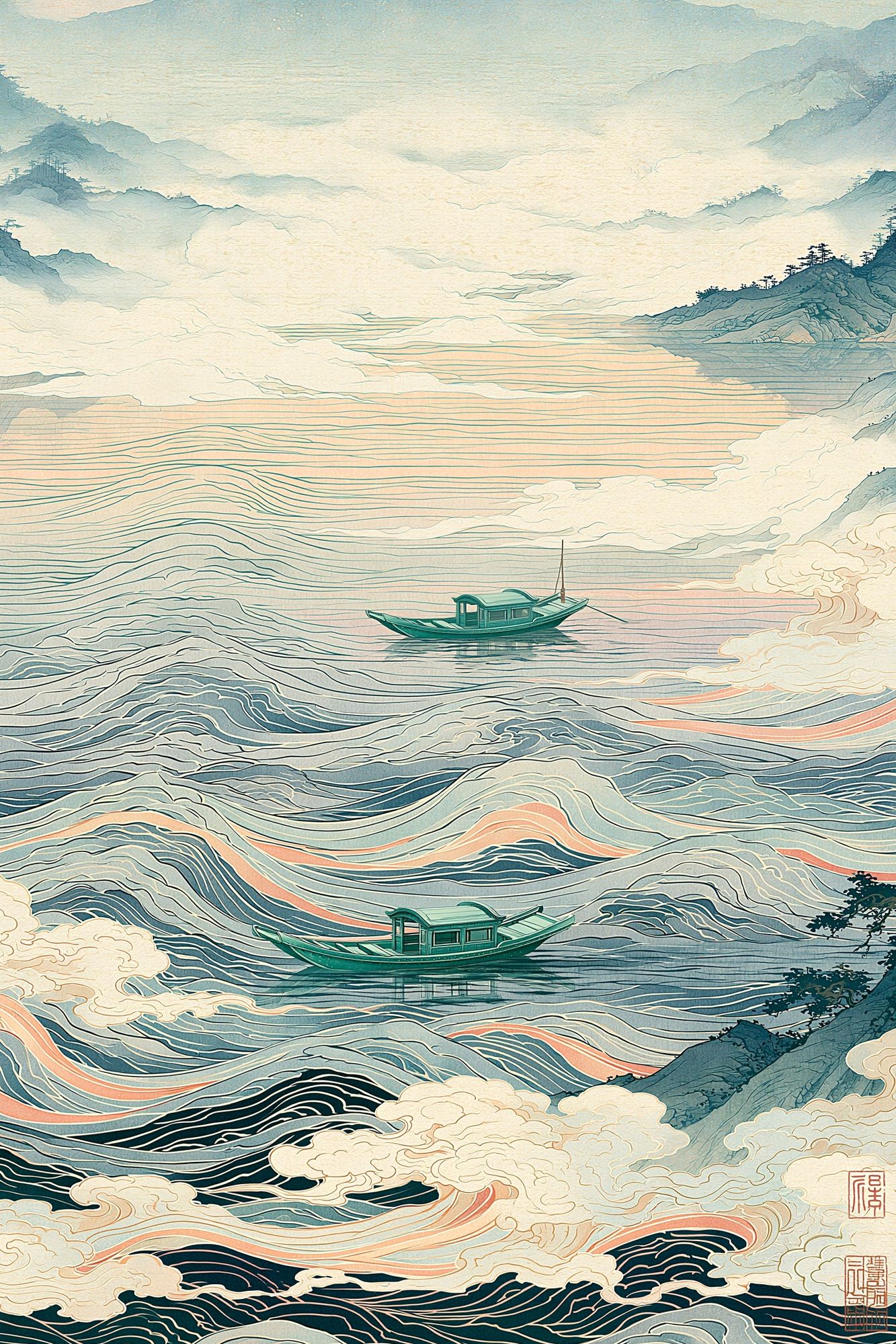 Misty River Boats Illustration Print. poster detail