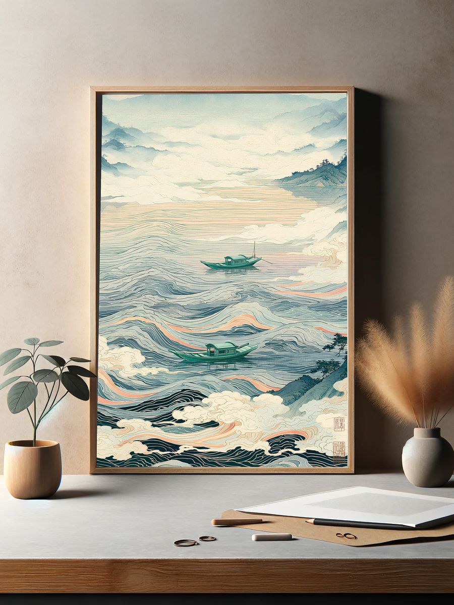 Misty River Boats Illustration Print. — room view 2