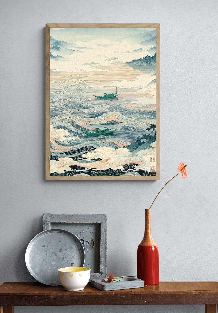 Misty River Boats Illustration Print. — room view 3