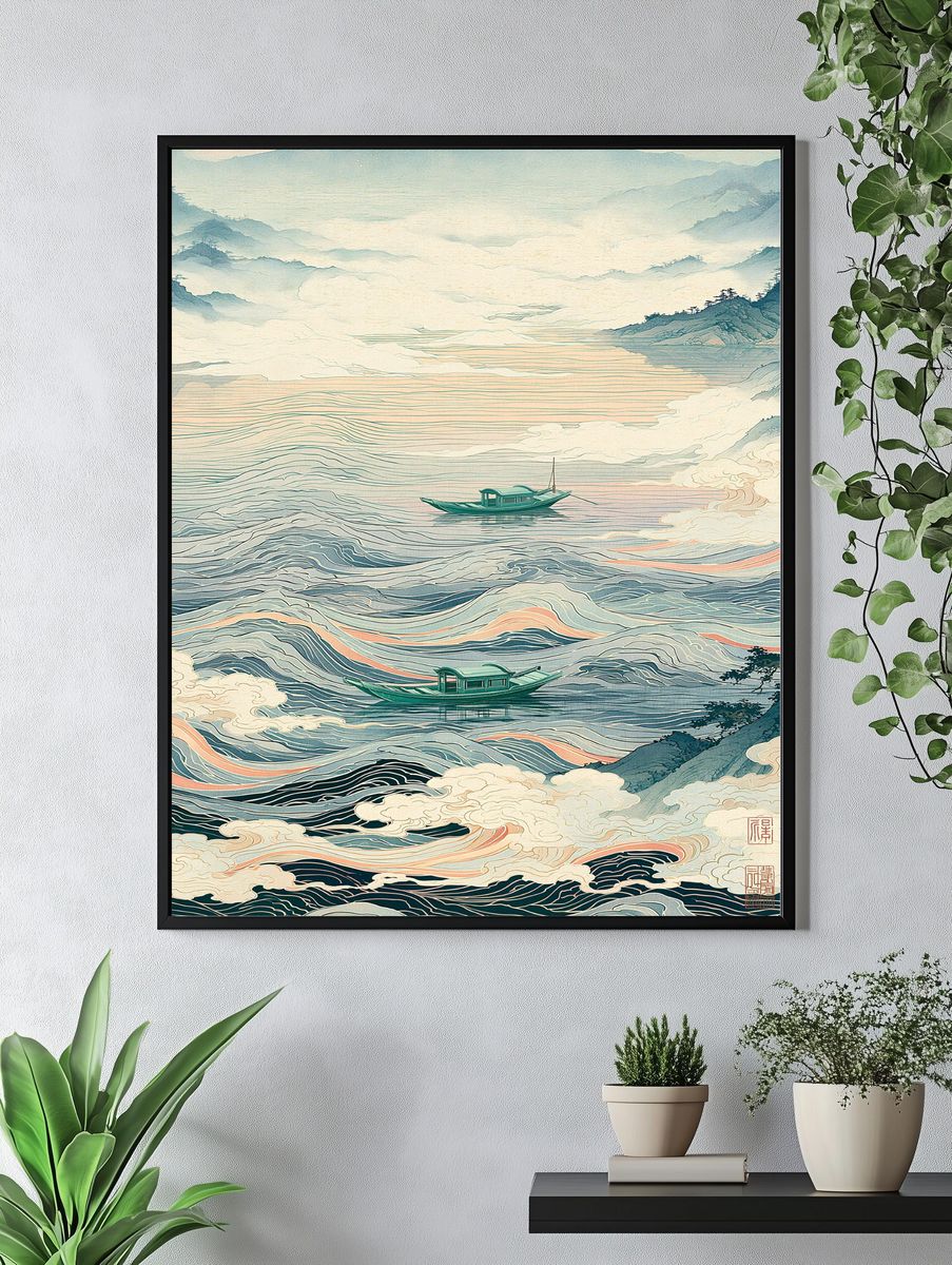 Misty River Boats Illustration Print. — room view 4