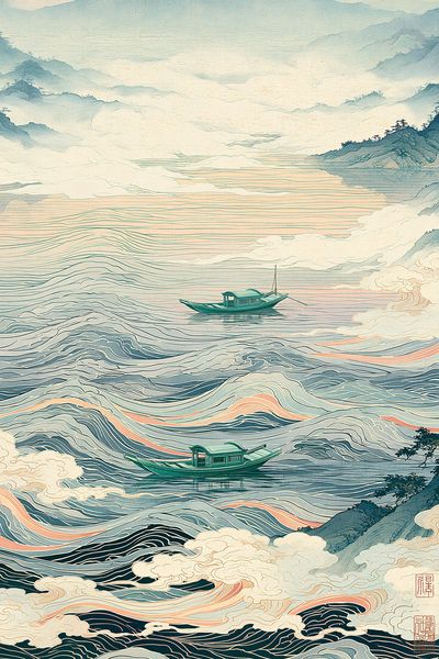 Misty River Boats Illustration Print. poster print