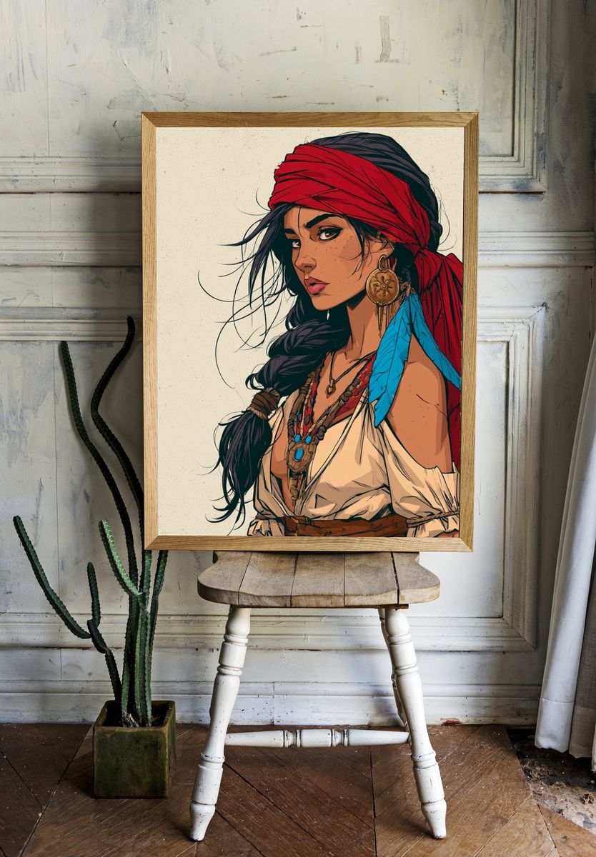 Boho Woman Portrait Illustration Poster. — room view 1