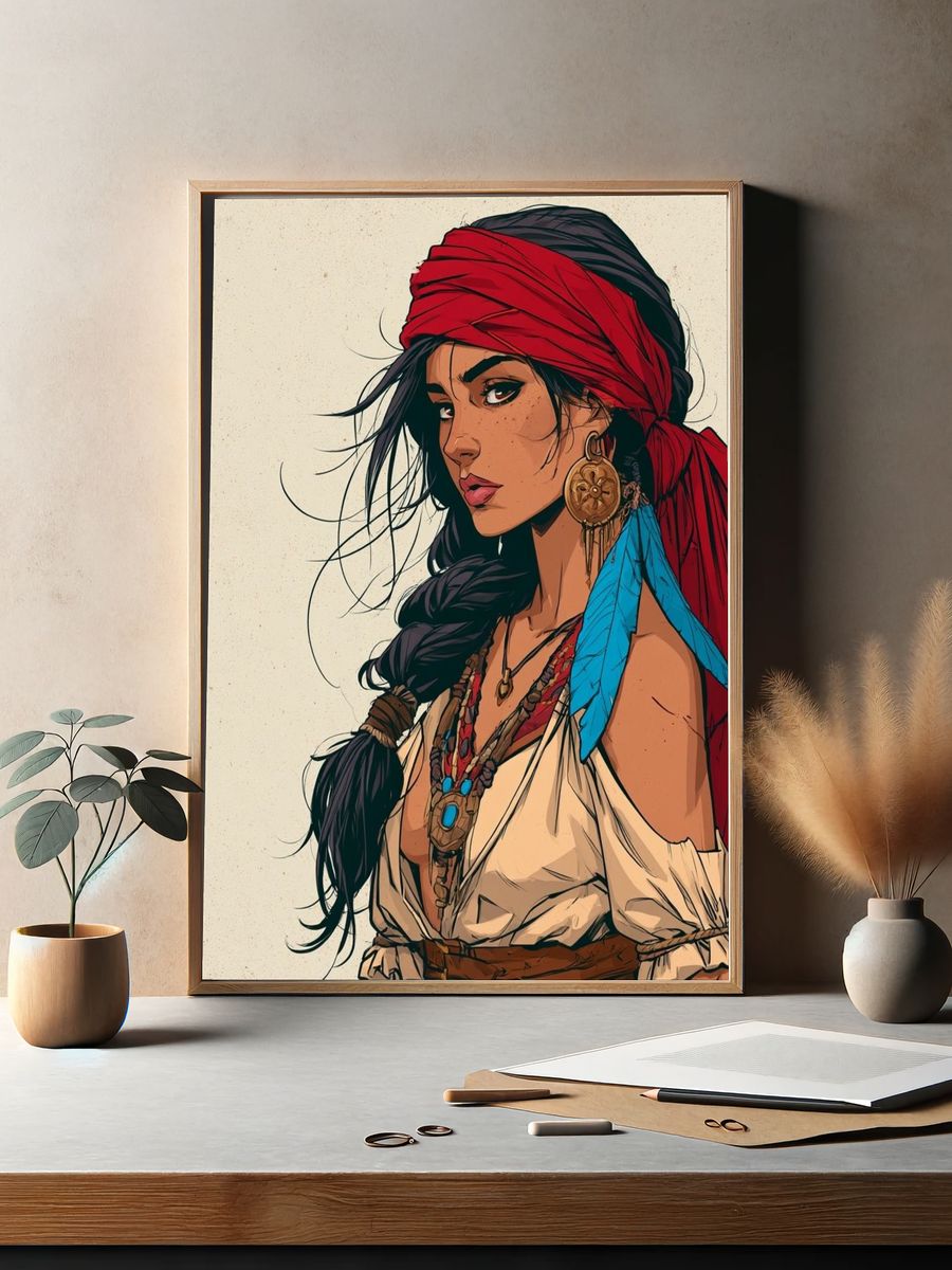 Boho Woman Portrait Illustration Poster. — room view 2