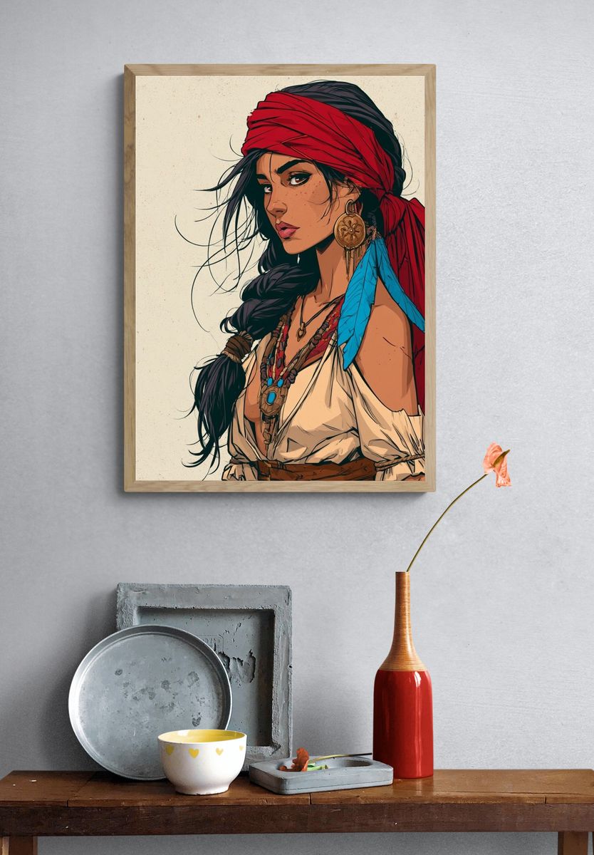 Boho Woman Portrait Illustration Poster. — room view 3
