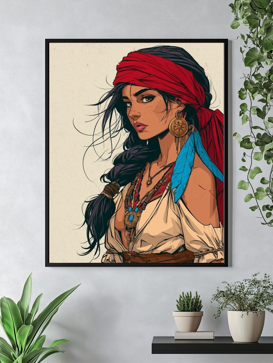 Boho Woman Portrait Illustration Poster. — room view 4