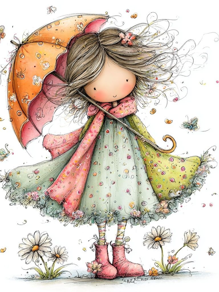 Whimsical Girl with Umbrella Print. poster detail