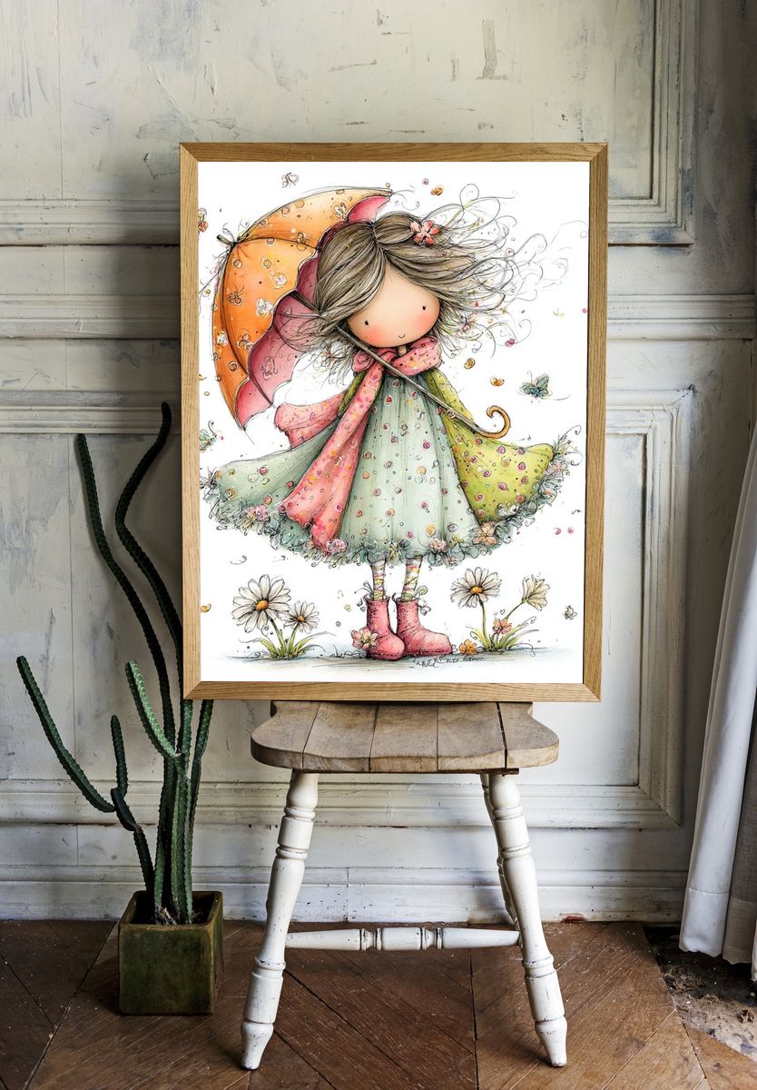 Whimsical Girl with Umbrella Print. — room view 1