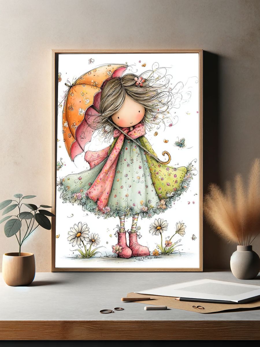 Whimsical Girl with Umbrella Print. — room view 2