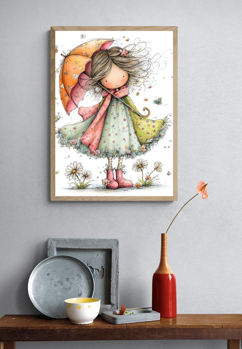 Whimsical Girl with Umbrella Print. — room view 3