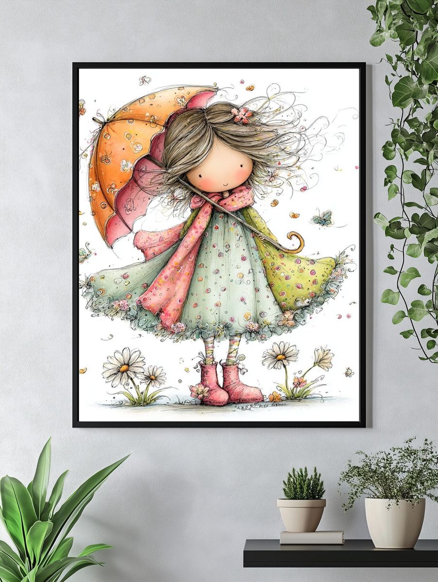 Whimsical Girl with Umbrella Print. — room view 4