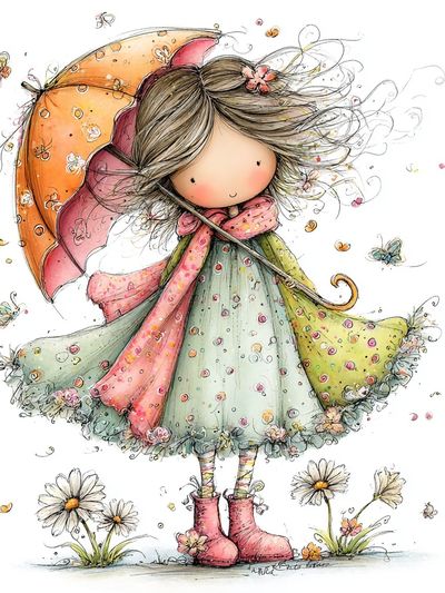 Whimsical Girl with Umbrella Print. poster print