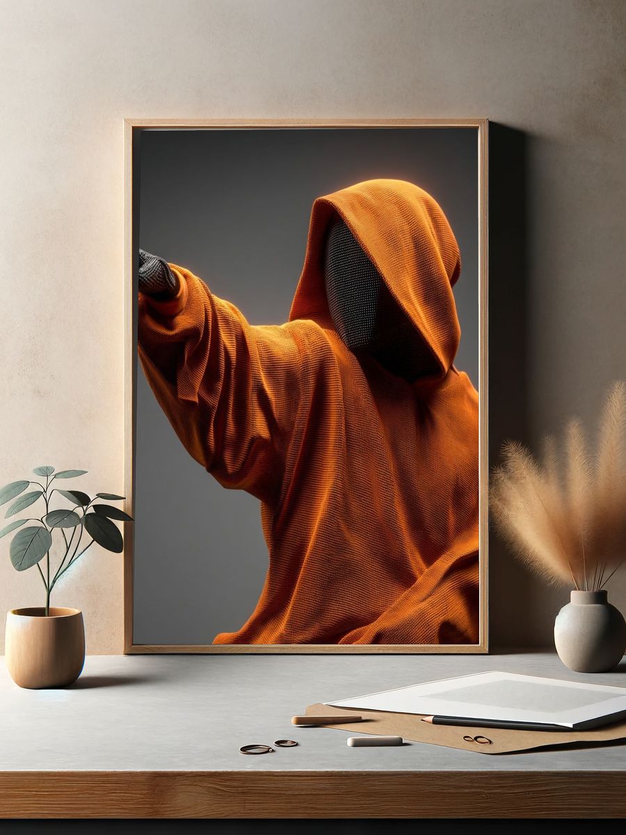 Orange Hooded Figure Digital Art Poster. — room view 2