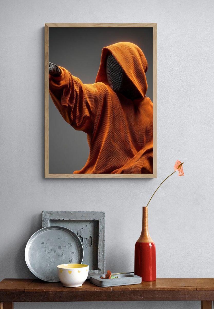 Orange Hooded Figure Digital Art Poster. — room view 3