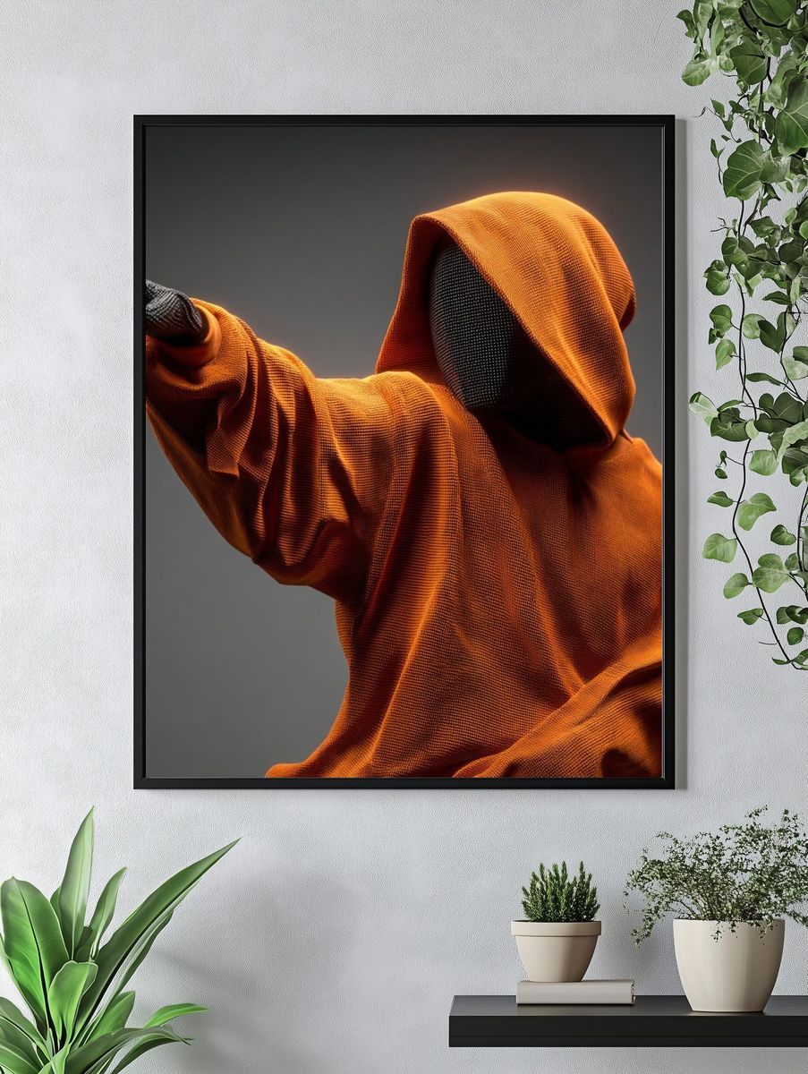 Orange Hooded Figure Digital Art Poster. — room view 4