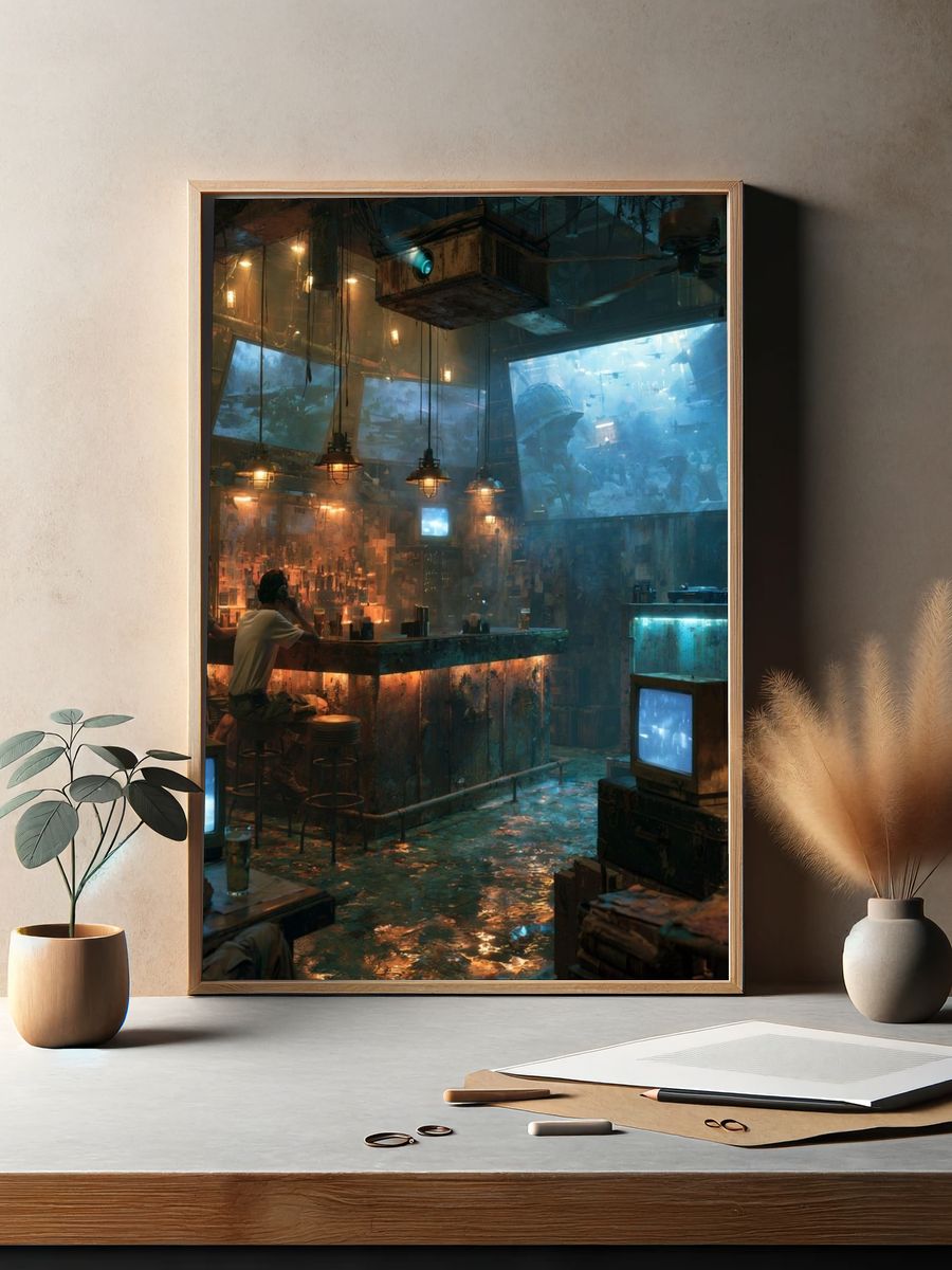Cyberpunk Bar Interior Digital Art Print. — room view 2
