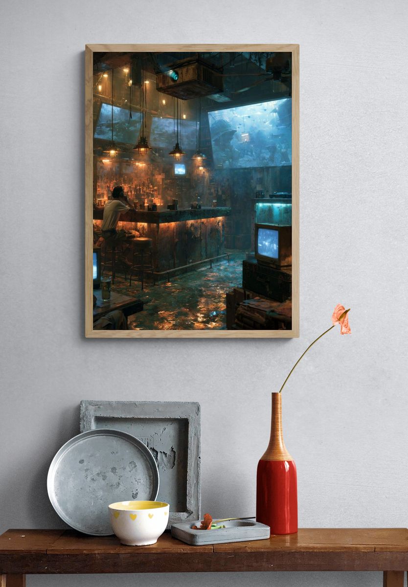 Cyberpunk Bar Interior Digital Art Print. — room view 3