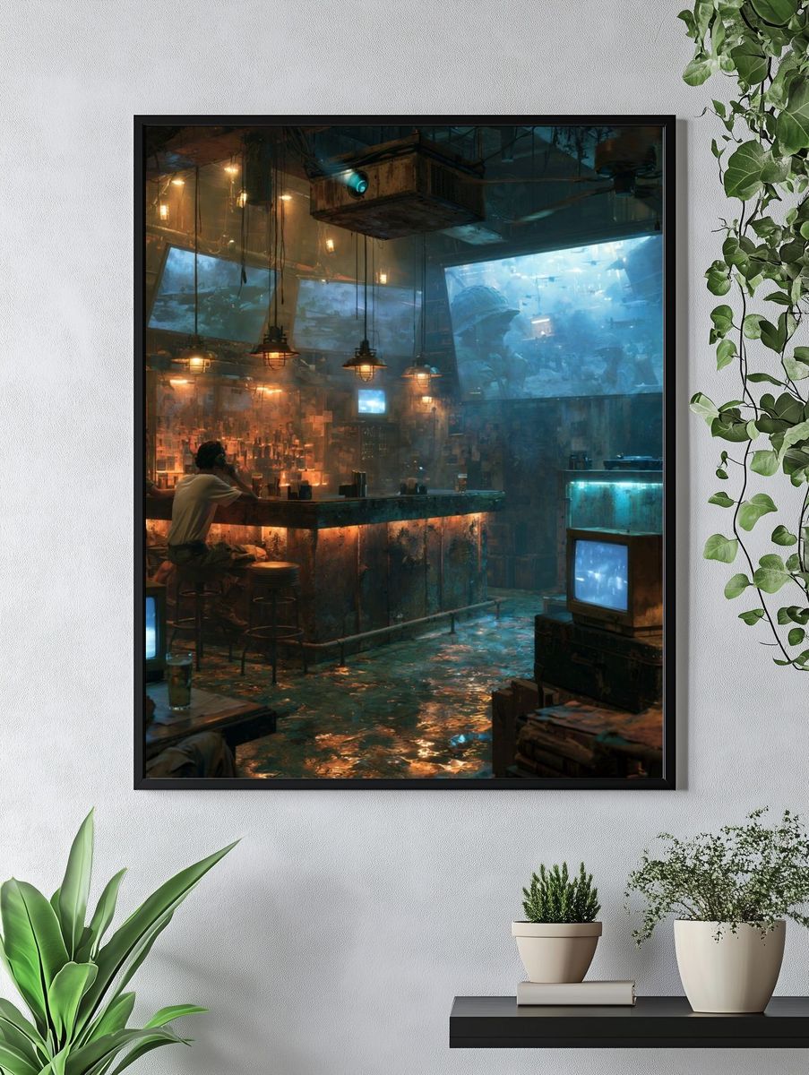 Cyberpunk Bar Interior Digital Art Print. — room view 4