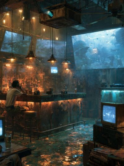 Cyberpunk Bar Interior Digital Art Print. poster print