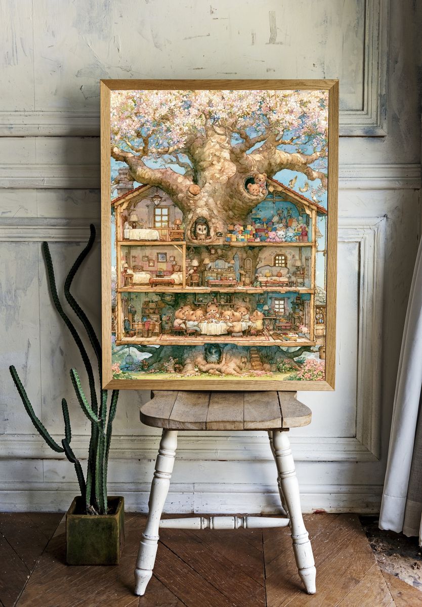 Whimsical Treehouse Bears Illustration Poster. — room view 1
