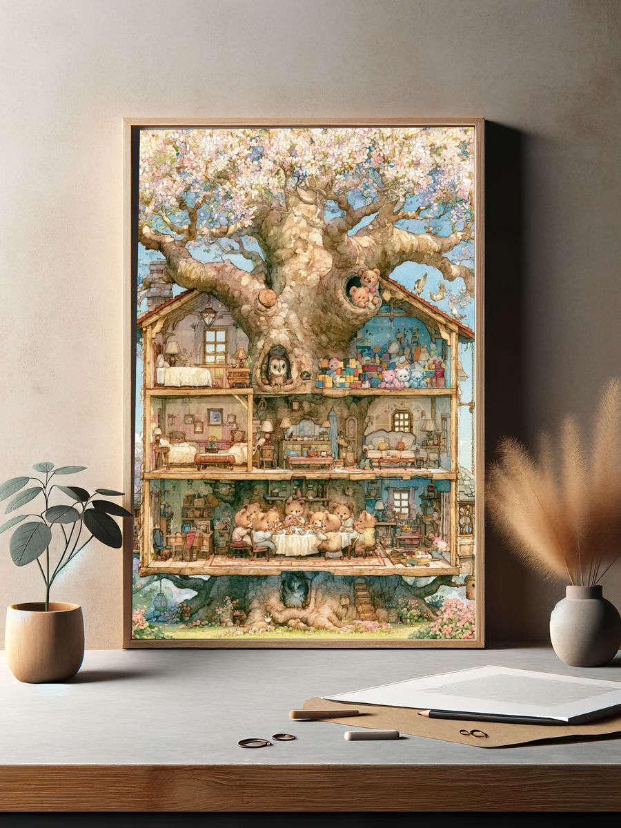 Whimsical Treehouse Bears Illustration Poster. — room view 2