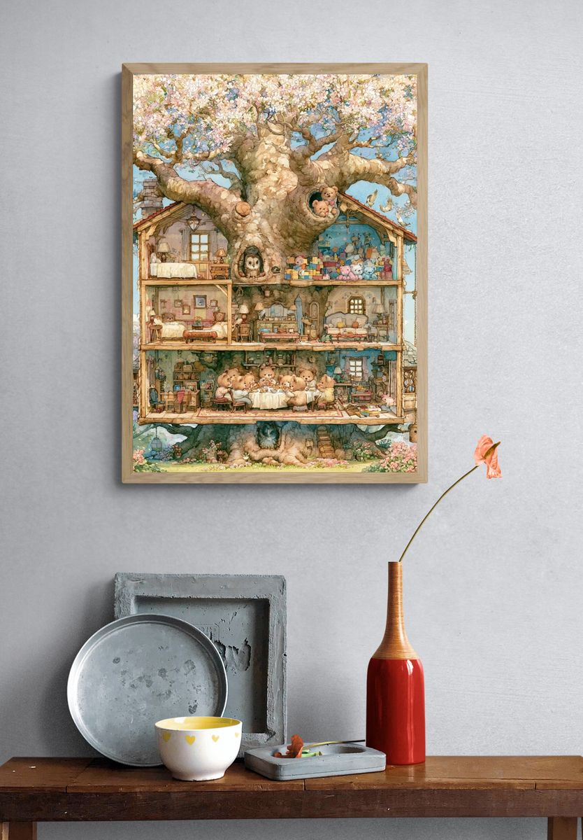 Whimsical Treehouse Bears Illustration Poster. — room view 3