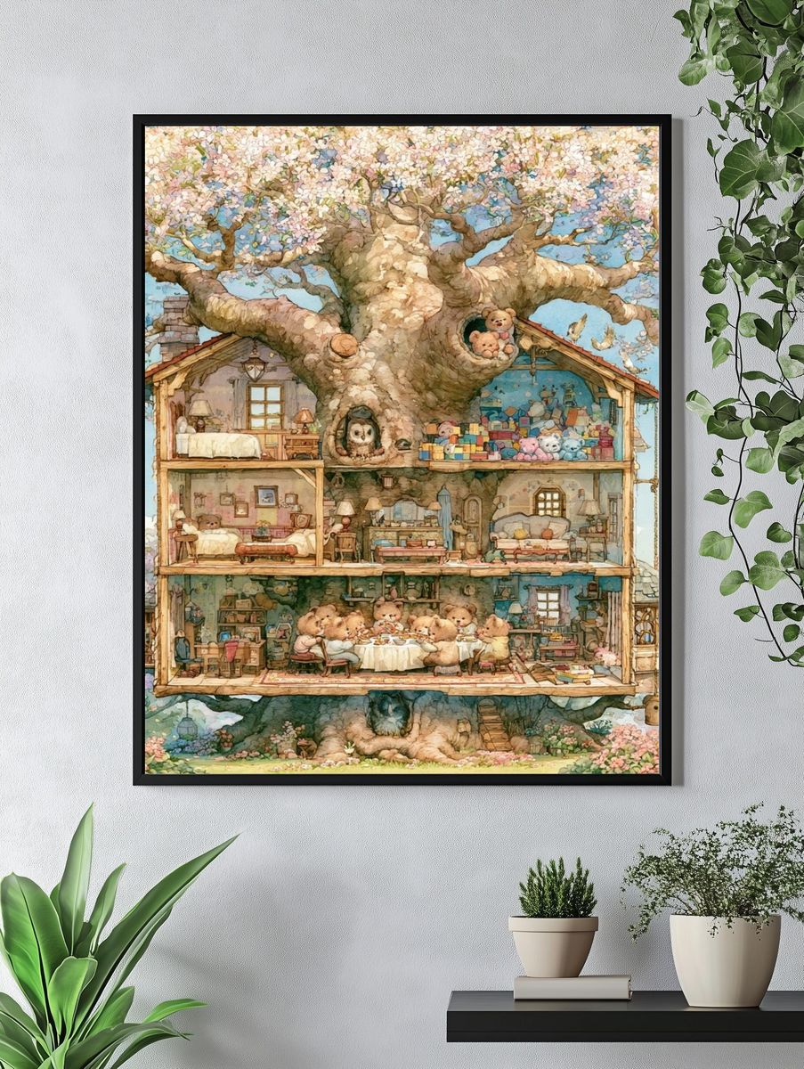 Whimsical Treehouse Bears Illustration Poster. — room view 4