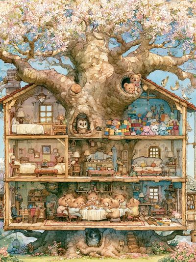 Whimsical Treehouse Bears Illustration Poster. poster print