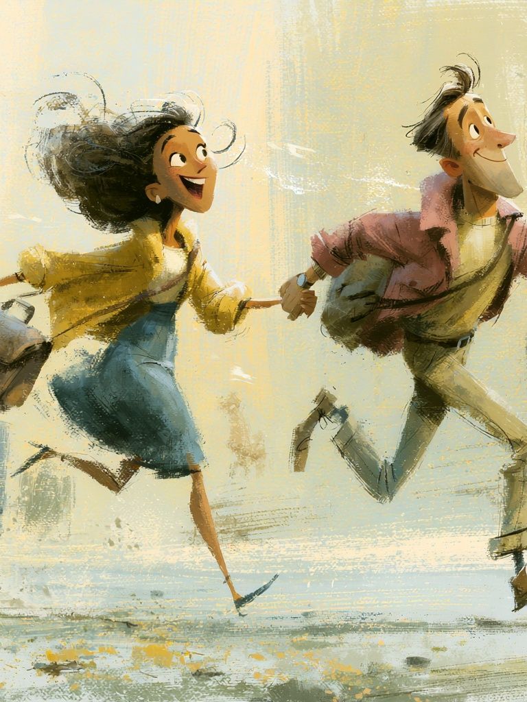Joyful Couple Run Illustration Poster. poster detail