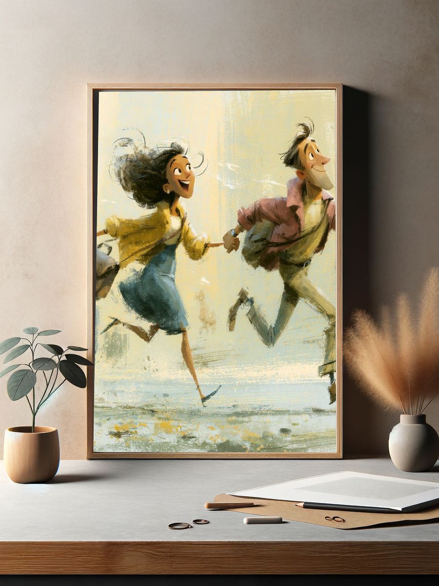 Joyful Couple Run Illustration Poster. — room view 2