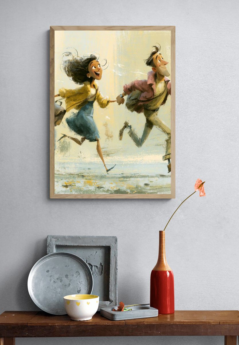 Joyful Couple Run Illustration Poster. — room view 3