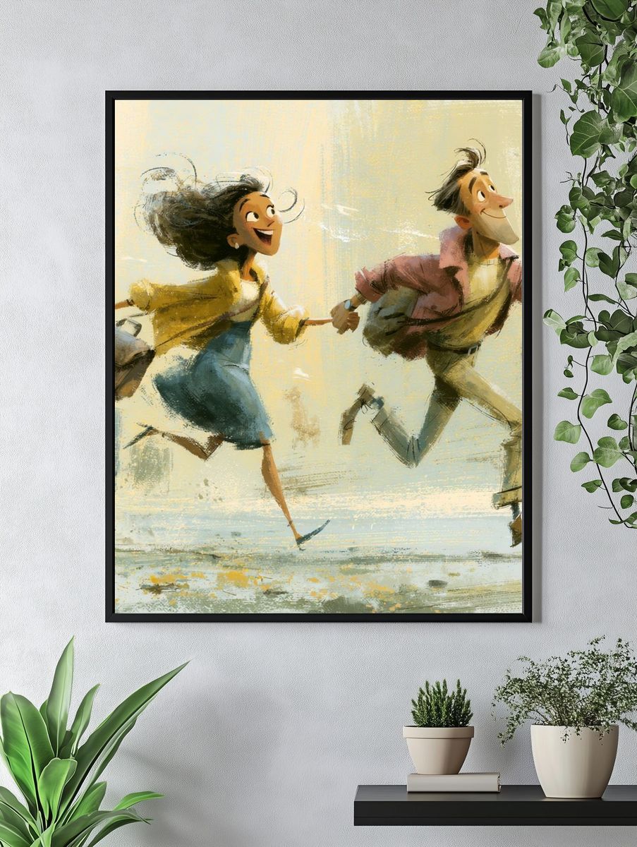 Joyful Couple Run Illustration Poster. — room view 4