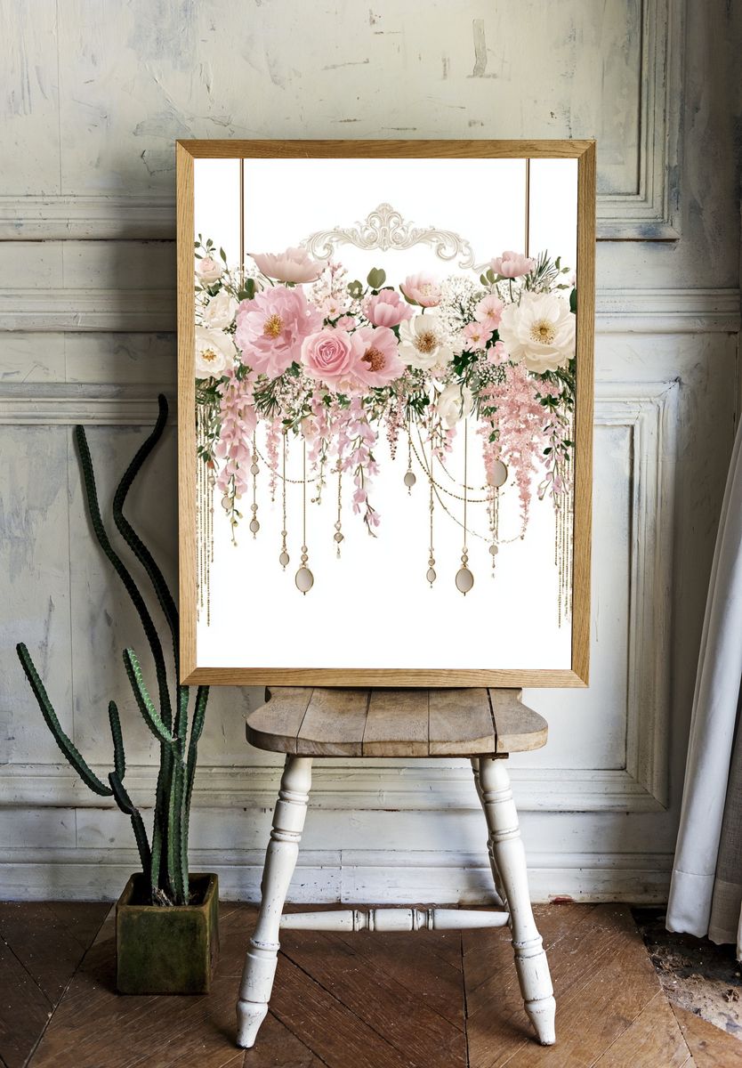 Blush Floral Chandelier Print. — room view 1