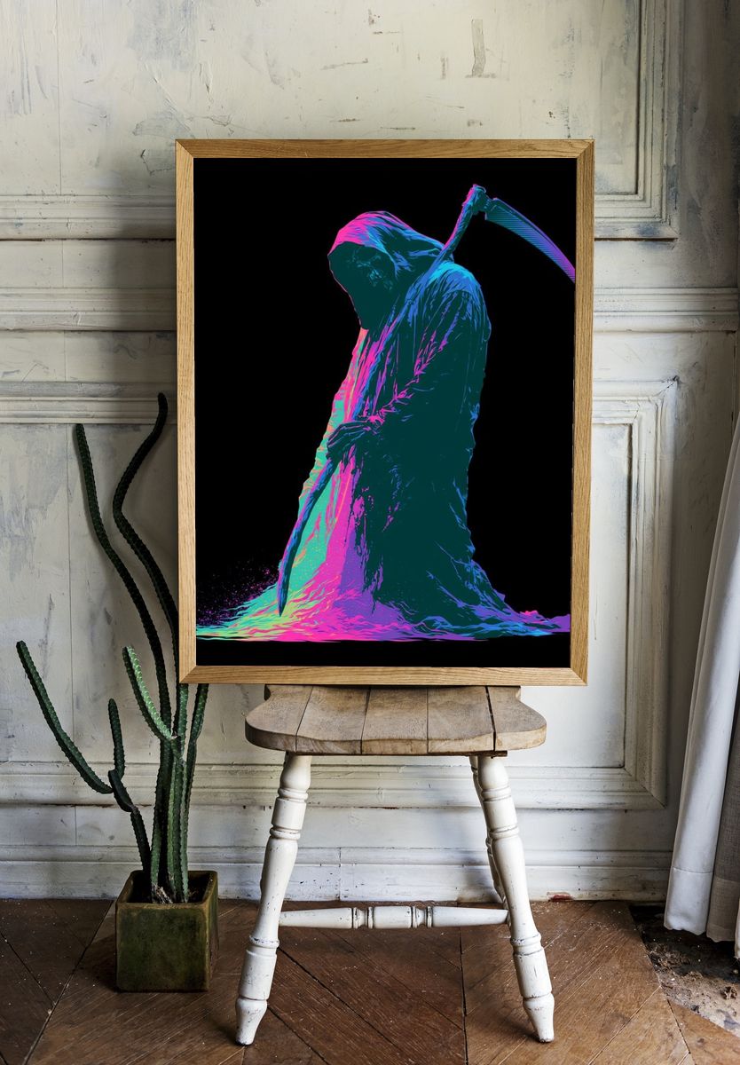 Neon Grim Reaper Digital Art Poster. — room view 1