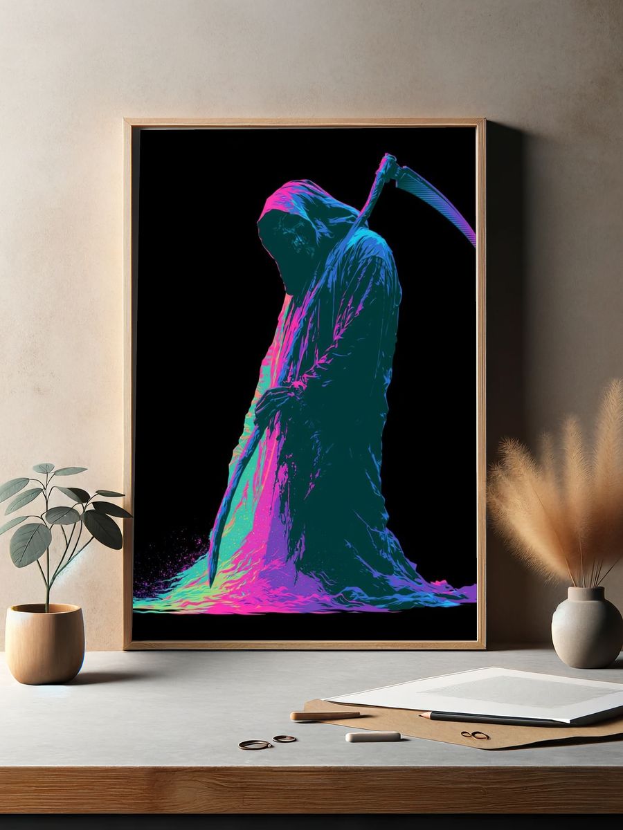 Neon Grim Reaper Digital Art Poster. — room view 2