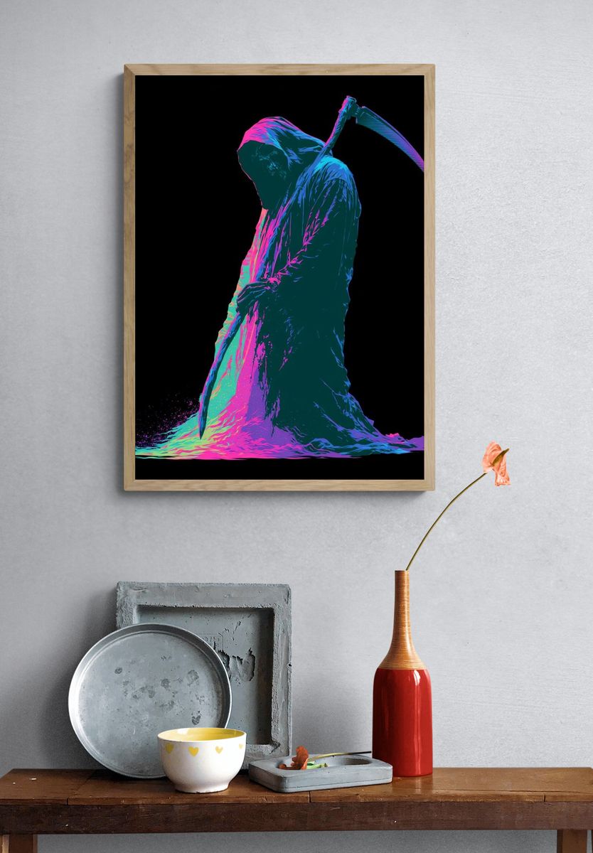 Neon Grim Reaper Digital Art Poster. — room view 3