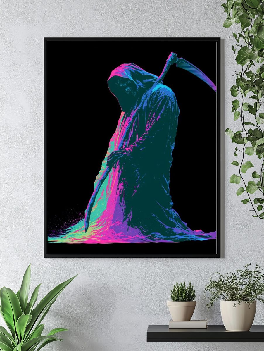 Neon Grim Reaper Digital Art Poster. — room view 4