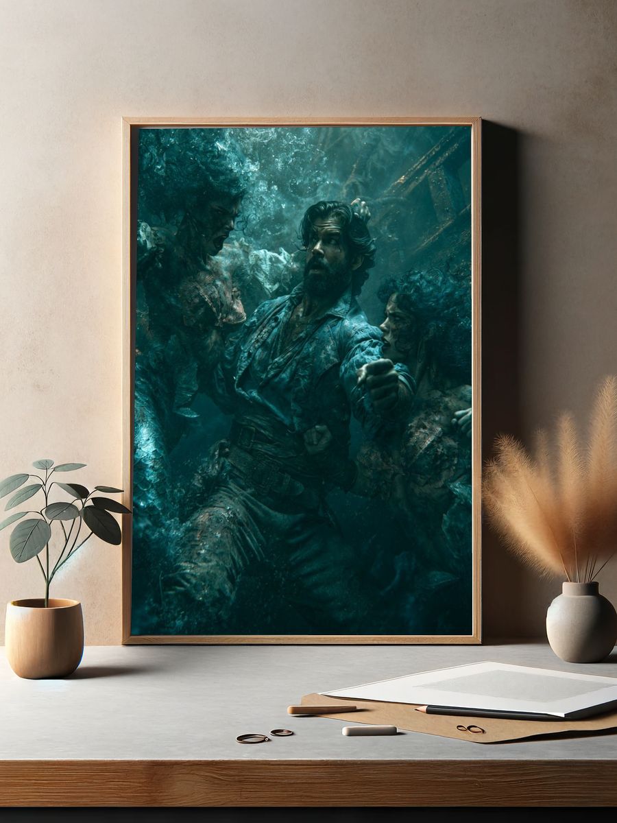 Underwater Battle Scene Illustration Poster. — room view 2