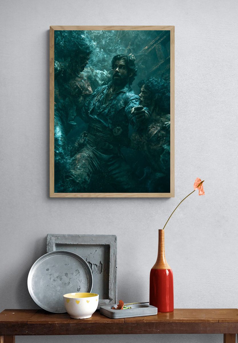 Underwater Battle Scene Illustration Poster. — room view 3