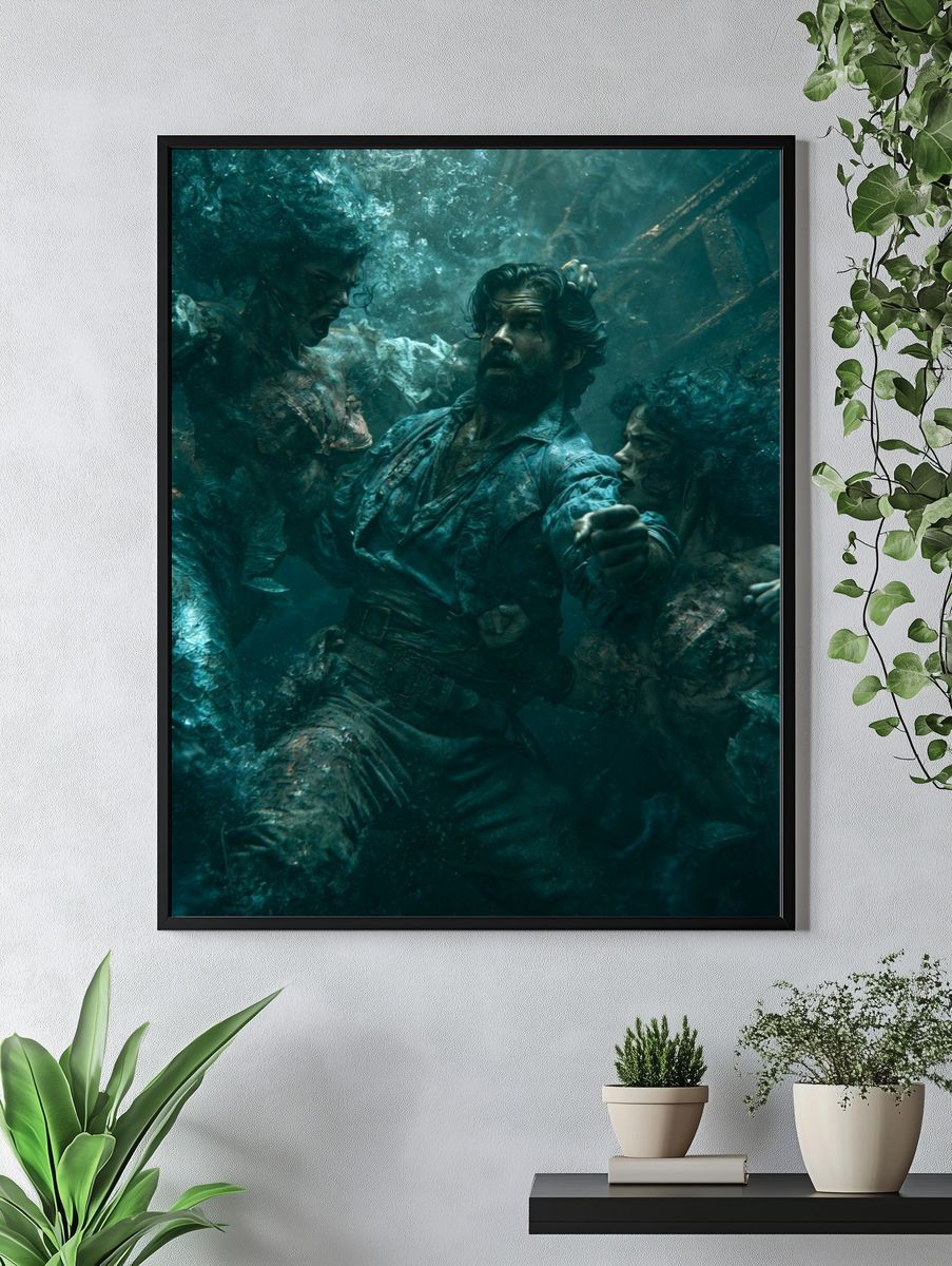Underwater Battle Scene Illustration Poster. — room view 4