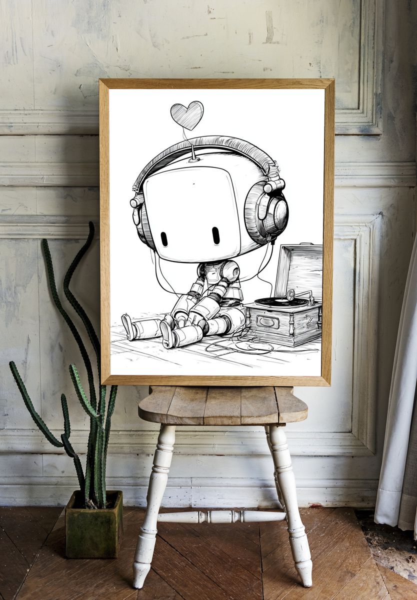 Cute Robot with Headphones Poster. — room view 1