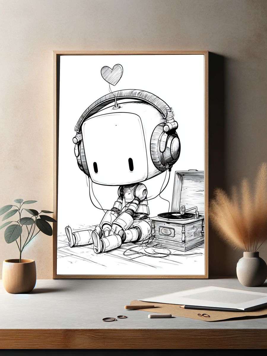 Cute Robot with Headphones Poster. — room view 2