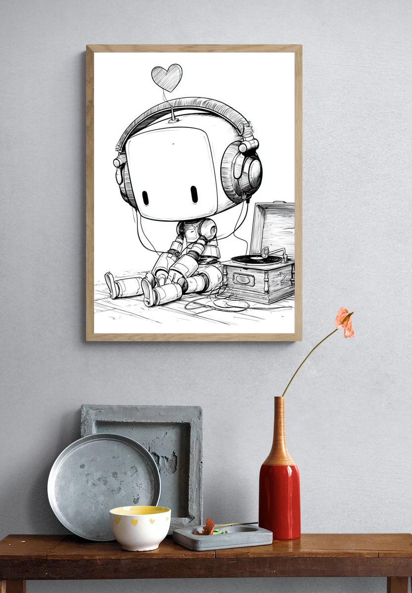 Cute Robot with Headphones Poster. — room view 3