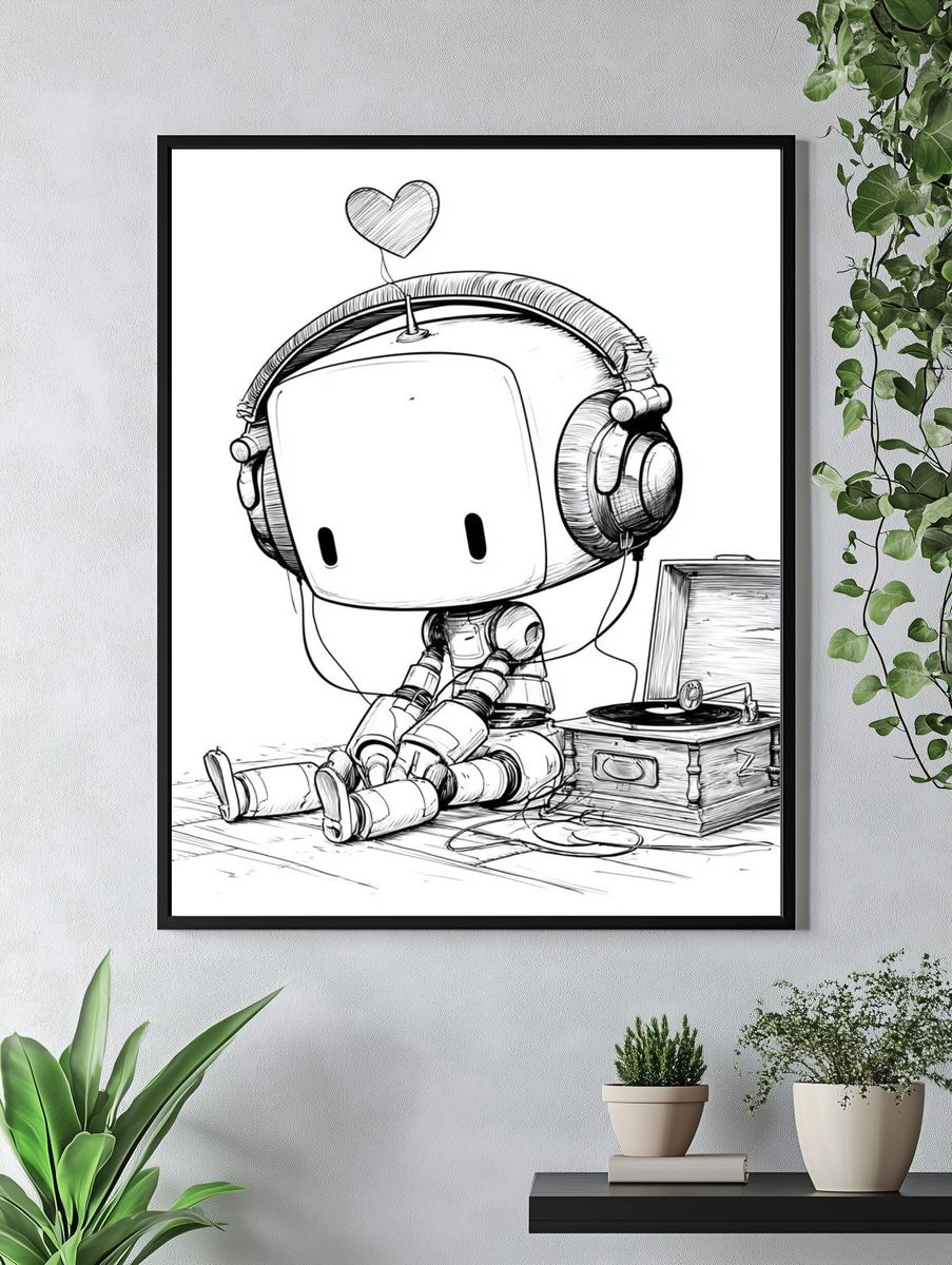 Cute Robot with Headphones Poster. — room view 4