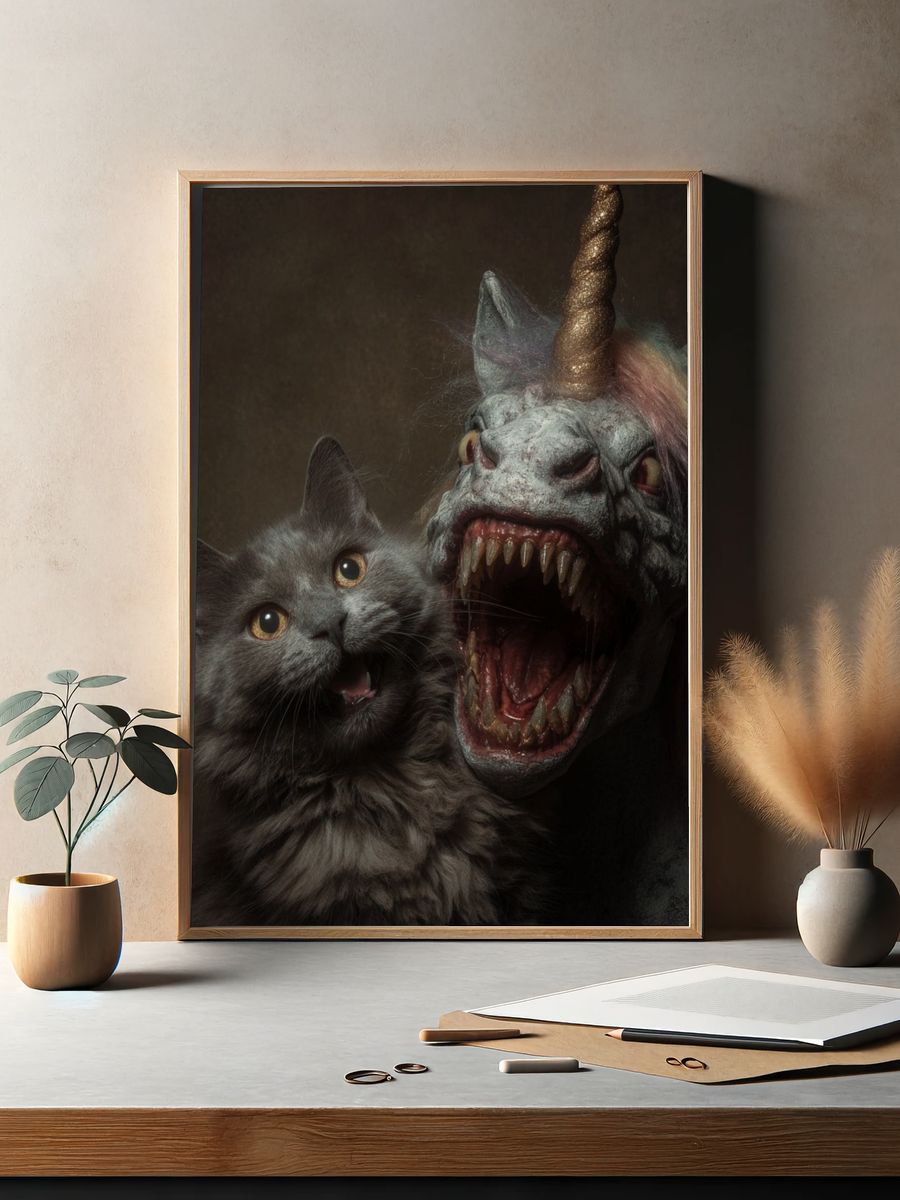 Cat and Unicorn Horror Print. — room view 2