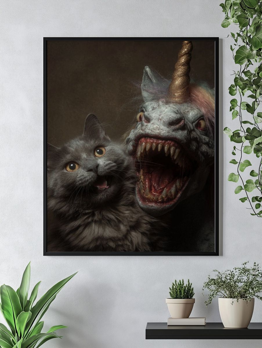 Cat and Unicorn Horror Print. — room view 4